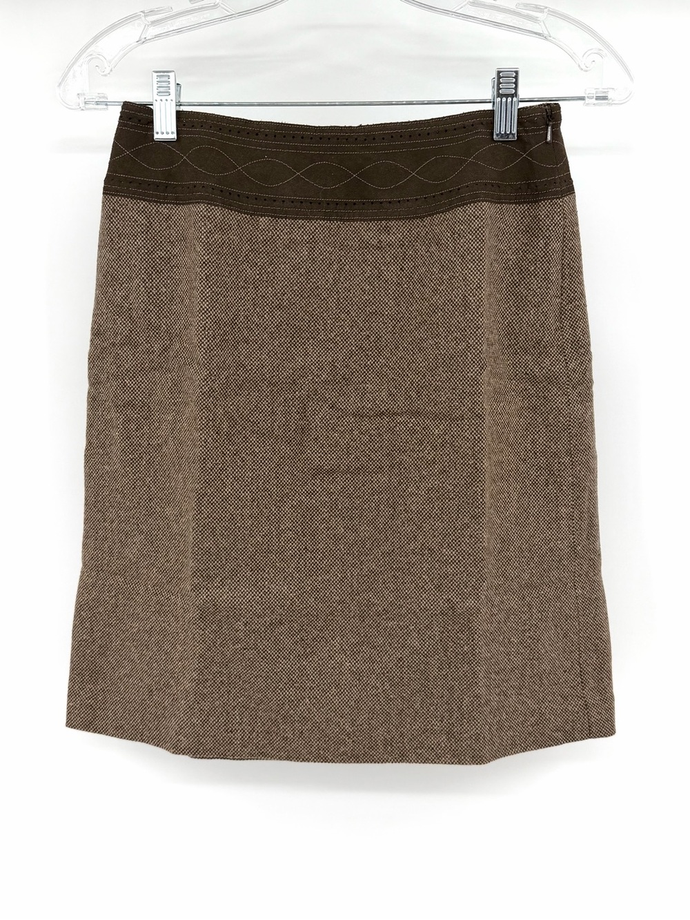 Ann Taylor LOFT Petite Brown Wool Tweed Pencil Skirt with Dark Brown Waistband